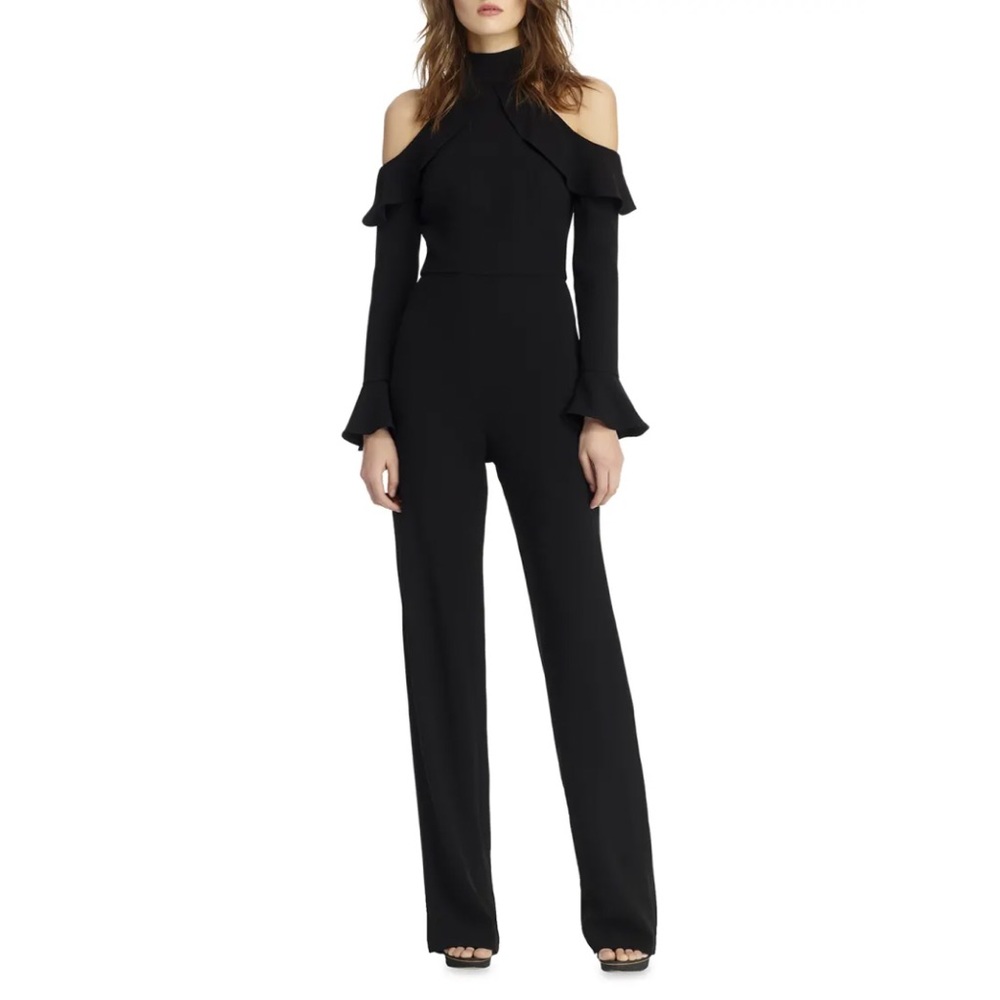 ML Monique Lhuillier Cold Shoulder Jumpsuit NWT Size 4 Black Ruffled Long Sleeve